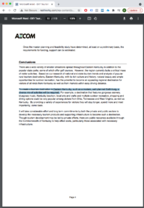 A page from AECOM report saying "To create a tourism destination in Eastern Kentucky, such as a modern, well-planned Gatlinburg, a diverse mix of activities will be required."